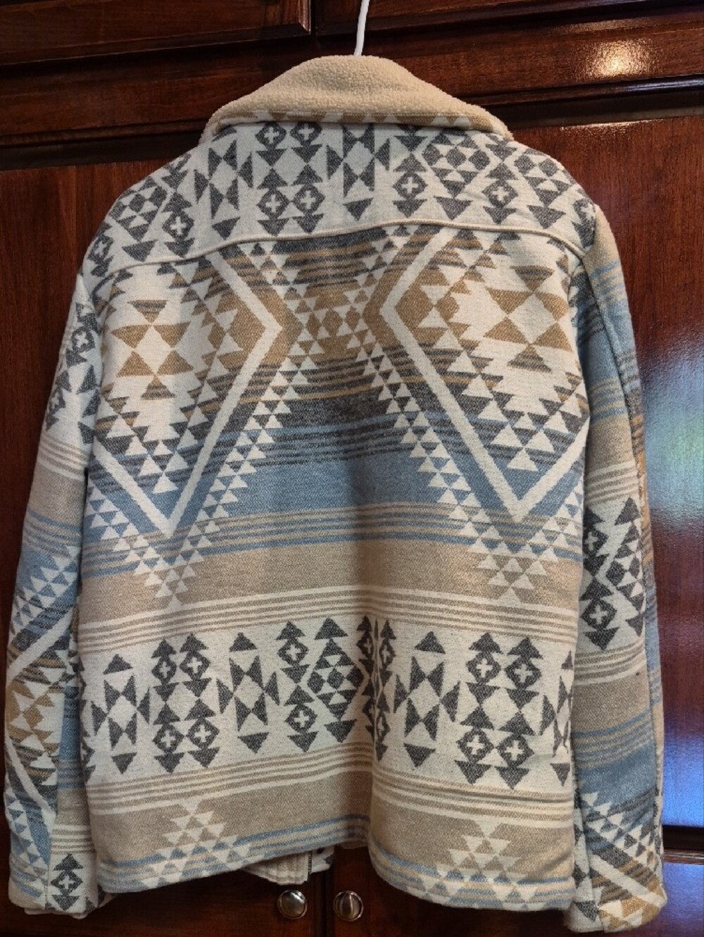 PLATINI Aztec Print Sherpa-Lined Jacket in Blue & Tan Xl - Picture 4 of 5